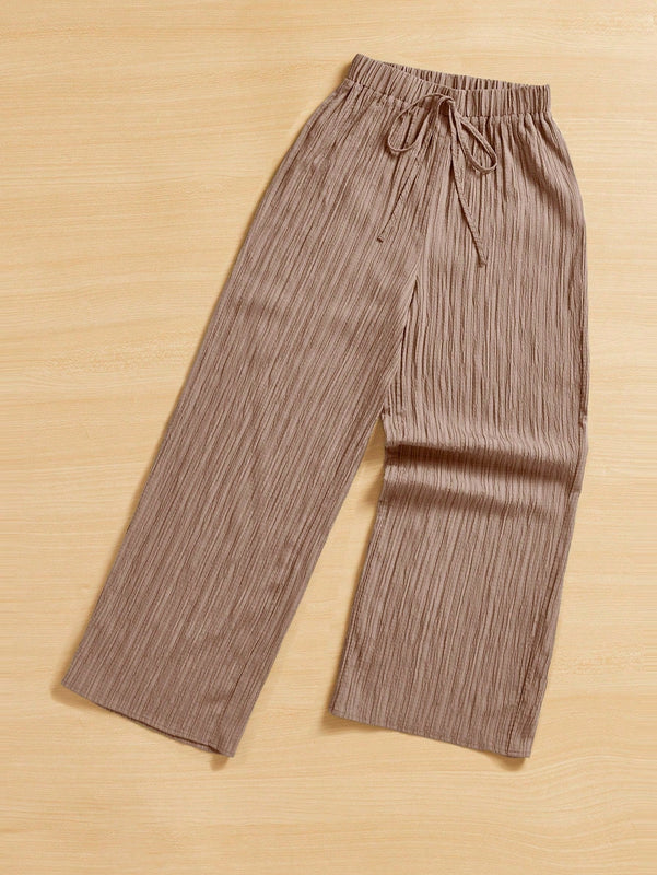 Essnce pantalones casuales de pernera ancha de 7/8 con textura y cintura anudada de unicolor para mujer