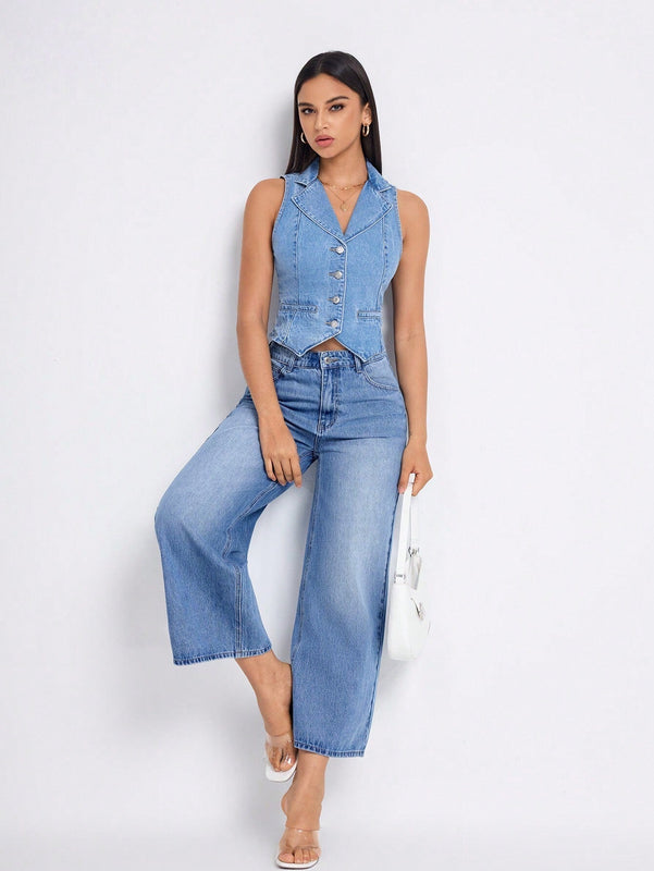 Jeans casuales de pierna ancha con bolsillos inclinados