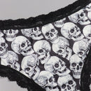 Dircho 4 piezas hipsters sexys y lindos para mujeres goticas con encaje contrastante, calzoncillos comodos y sedosos con estampado completo de calaveras negras, ojos, estrellas y hongos para halloween, ropa interior y lenceria para mujeres.
