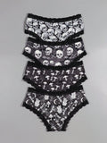 Dircho 4 piezas hipsters sexys y lindos para mujeres goticas con encaje contrastante, calzoncillos comodos y sedosos con estampado completo de calaveras negras, ojos, estrellas y hongos para halloween, ropa interior y lenceria para mujeres.