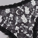 Dircho 4 piezas hipsters sexys y lindos para mujeres goticas con encaje contrastante, calzoncillos comodos y sedosos con estampado completo de calaveras negras, ojos, estrellas y hongos para halloween, ropa interior y lenceria para mujeres.