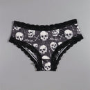 Dircho 4 piezas hipsters sexys y lindos para mujeres goticas con encaje contrastante, calzoncillos comodos y sedosos con estampado completo de calaveras negras, ojos, estrellas y hongos para halloween, ropa interior y lenceria para mujeres.