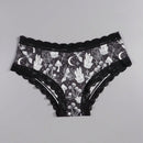 Dircho 4 piezas hipsters sexys y lindos para mujeres goticas con encaje contrastante, calzoncillos comodos y sedosos con estampado completo de calaveras negras, ojos, estrellas y hongos para halloween, ropa interior y lenceria para mujeres.