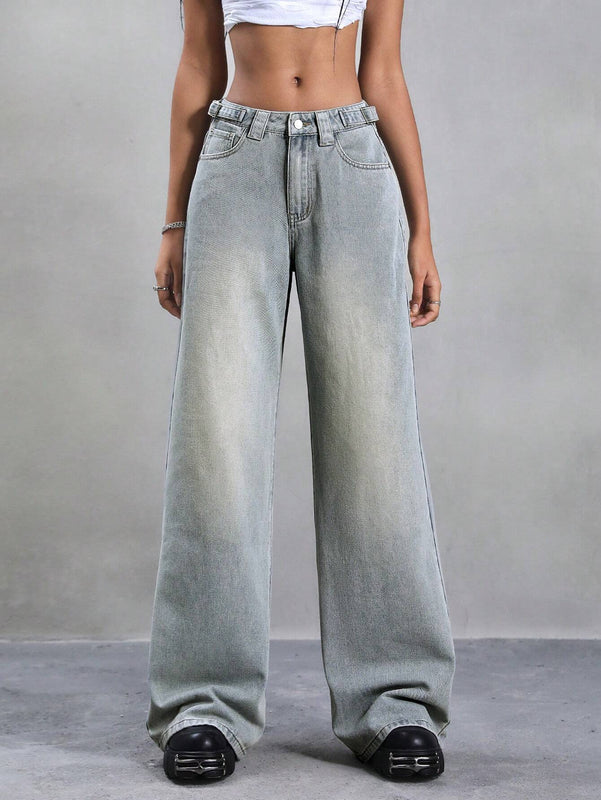 Pantalones de mezclilla anchos casuales retro con bolsillos para mujeres, ideales para el trabajo