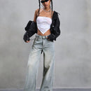 Pantalones de mezclilla anchos casuales retro con bolsillos para mujeres, ideales para el trabajo