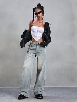 Pantalones de mezclilla anchos casuales retro con bolsillos para mujeres, ideales para el trabajo