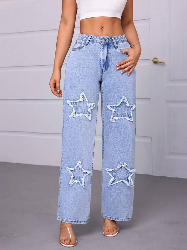 Essnce Jeans de pierna recta y corte holgado para mujer con bolsillos con forma de estrella y decoracion de parches