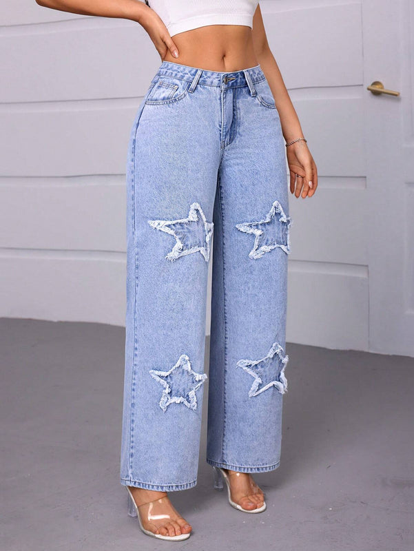 Essnce Jeans de pierna recta y corte holgado para mujer con bolsillos con forma de estrella y decoracion de parches