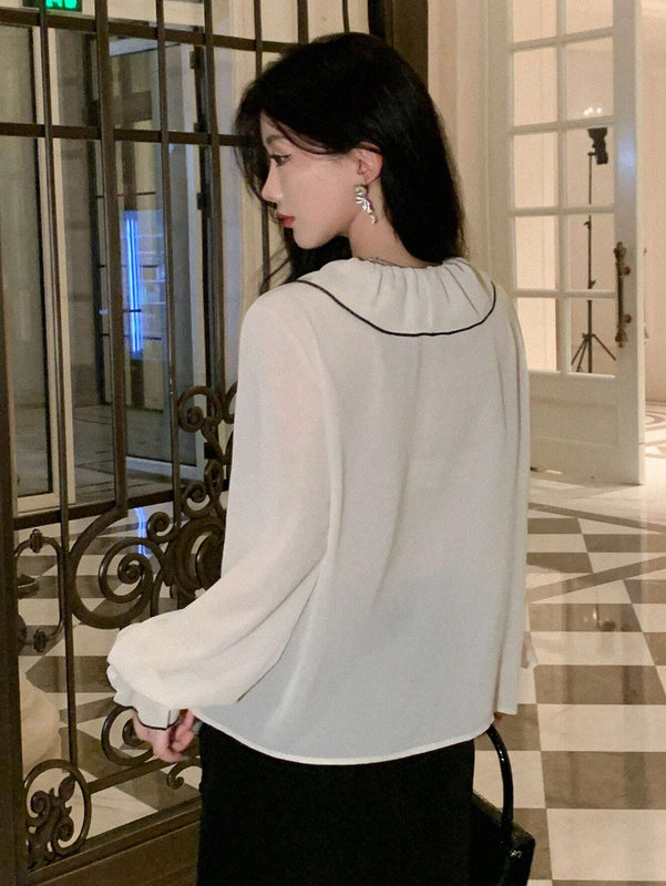 DAZY Blusa con mangas abullonadas, ribete de volantes y union de contraste