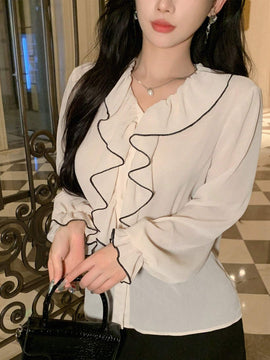 DAZY Blusa con mangas abullonadas, ribete de volantes y union de contraste
