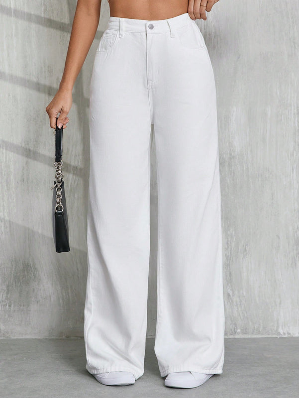 Tall Jeans blancos casuales de pierna ancha para mujer, 100% algodon