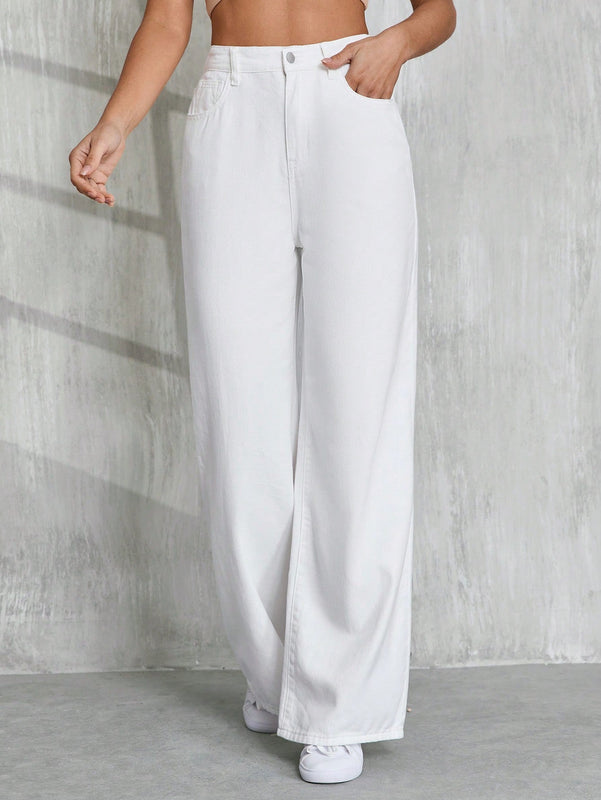 Tall Jeans blancos casuales de pierna ancha para mujer, 100% algodon