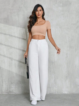 Tall Jeans blancos casuales de pierna ancha para mujer, 100% algodon