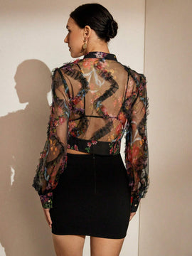 Camisa de mujer de verano de manga larga traslucida con estampado floral