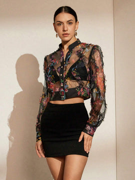 Camisa de mujer de verano de manga larga traslucida con estampado floral