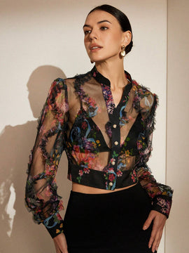 Camisa de mujer de verano de manga larga traslucida con estampado floral