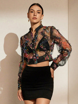 Camisa de mujer de verano de manga larga traslucida con estampado floral