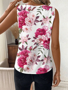 Blusa sin mangas con escote en V y estampado de rosa para mujeres