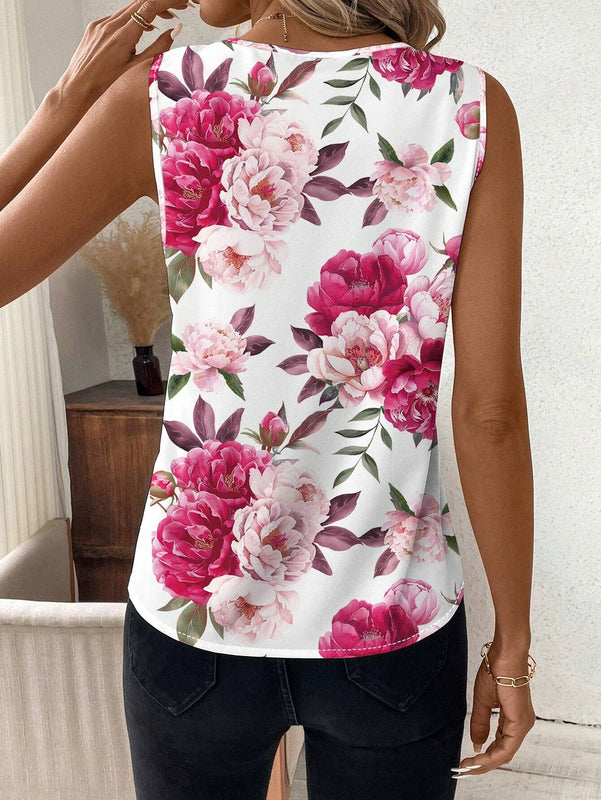 Blusa sin mangas con escote en V y estampado de rosa para mujeres