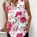 Blusa sin mangas con escote en V y estampado de rosa para mujeres