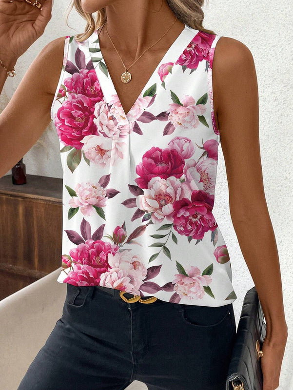Blusa sin mangas con escote en V y estampado de rosa para mujeres