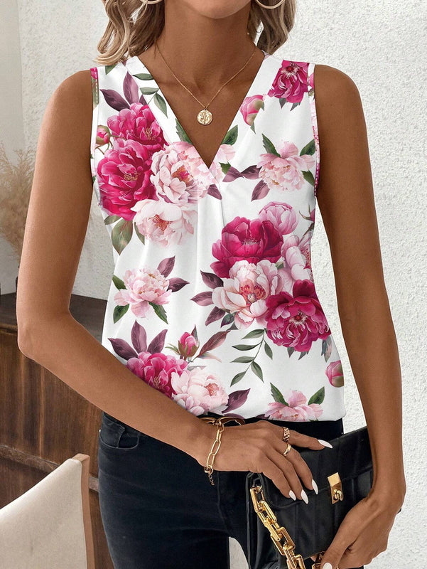Blusa sin mangas con escote en V y estampado de rosa para mujeres