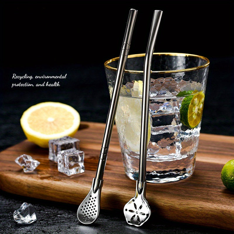 Cuchara paja de acero inoxidable de doble propósito, extensible y reutilizable, para revolver y filtrar leche y té