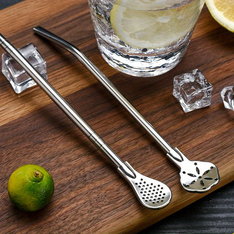 Cuchara paja de acero inoxidable de doble propósito, extensible y reutilizable, para revolver y filtrar leche y té