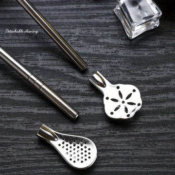 Cuchara paja de acero inoxidable de doble propósito, extensible y reutilizable, para revolver y filtrar leche y té