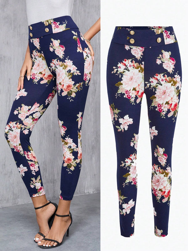 Clasi Pantalones largos elegantes Slim con decoracion de boton falso y estampado floral para mujeres