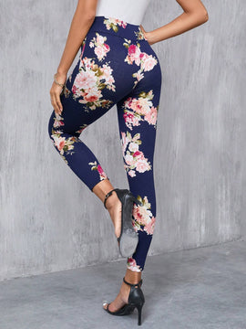 Clasi Pantalones largos elegantes Slim con decoracion de boton falso y estampado floral para mujeres