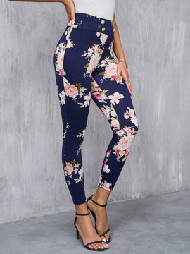 Clasi Pantalones largos elegantes Slim con decoracion de boton falso y estampado floral para mujeres