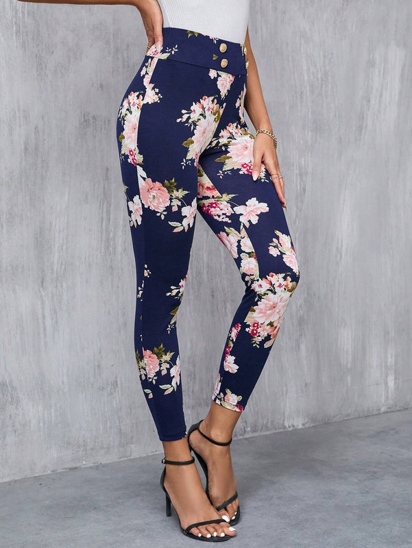 Clasi Pantalones largos elegantes Slim con decoracion de boton falso y estampado floral para mujeres