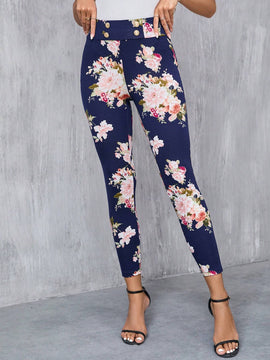 Clasi Pantalones largos elegantes Slim con decoracion de boton falso y estampado floral para mujeres