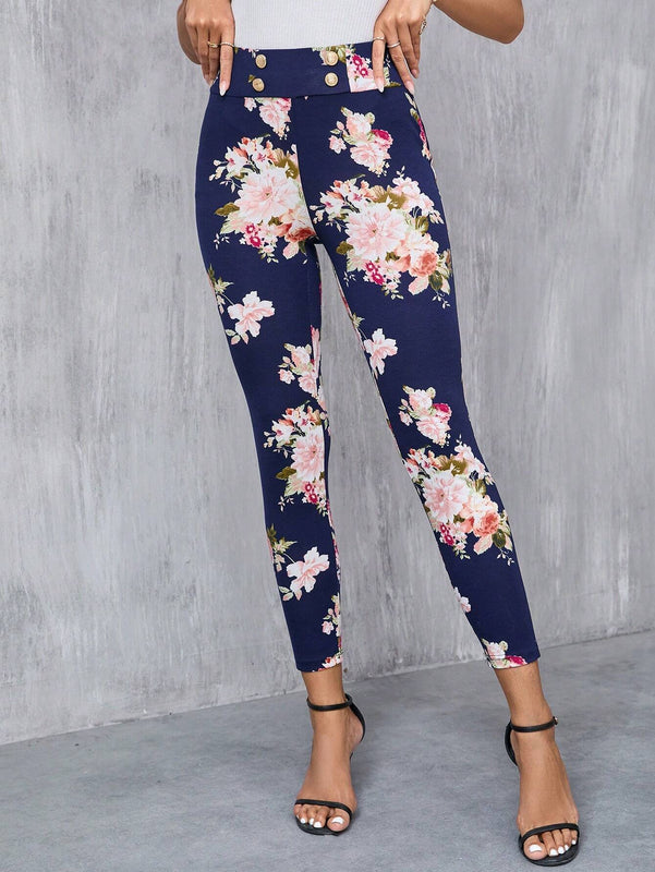 Clasi Pantalones largos elegantes Slim con decoracion de boton falso y estampado floral para mujeres