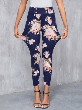 Clasi Pantalones largos elegantes Slim con decoracion de boton falso y estampado floral para mujeres