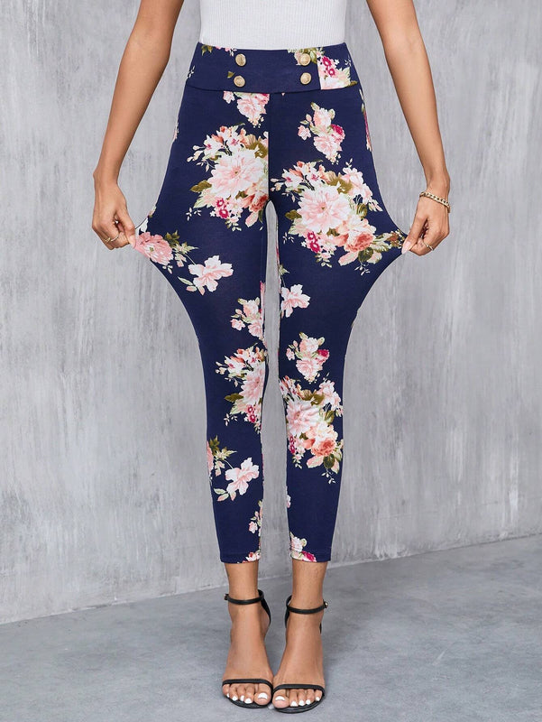 Clasi Pantalones largos elegantes Slim con decoracion de boton falso y estampado floral para mujeres