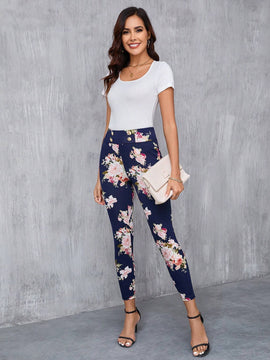 Clasi Pantalones largos elegantes Slim con decoracion de boton falso y estampado floral para mujeres