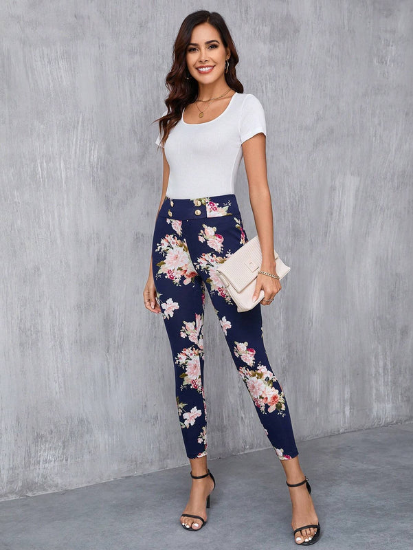 Clasi Pantalones largos elegantes Slim con decoracion de boton falso y estampado floral para mujeres