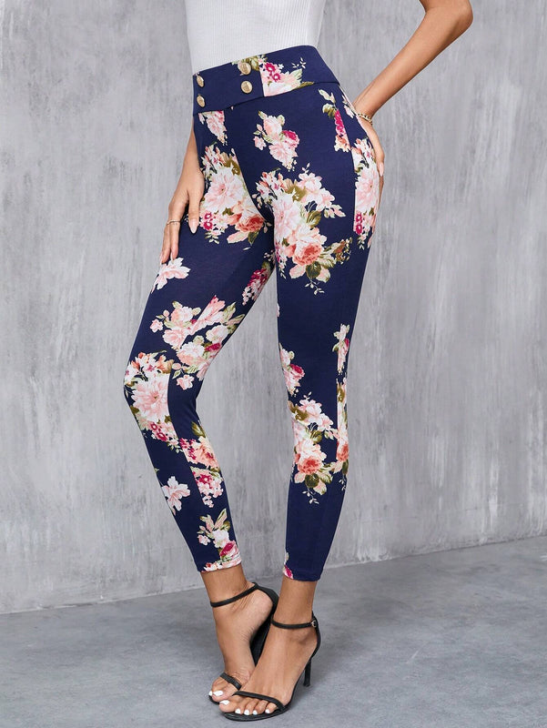 Clasi Pantalones largos elegantes Slim con decoracion de boton falso y estampado floral para mujeres