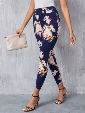 Clasi Pantalones largos elegantes Slim con decoracion de boton falso y estampado floral para mujeres
