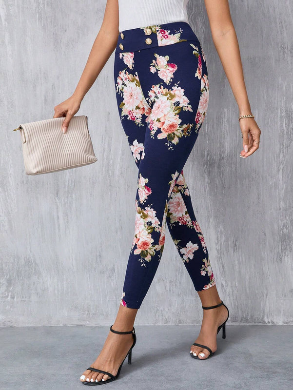 Clasi Pantalones largos elegantes Slim con decoracion de boton falso y estampado floral para mujeres