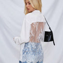 Camisa de mujer transparente con encaje empalmado, manga larga suelta para primavera y otono