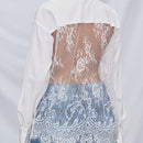 Camisa de mujer transparente con encaje empalmado, manga larga suelta para primavera y otono