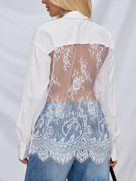Camisa de mujer transparente con encaje empalmado, manga larga suelta para primavera y otono