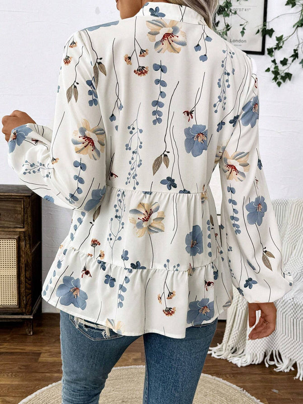 Camisa casual de manga larga para mujer, de botones sencillos y dobladillo con capas impresas