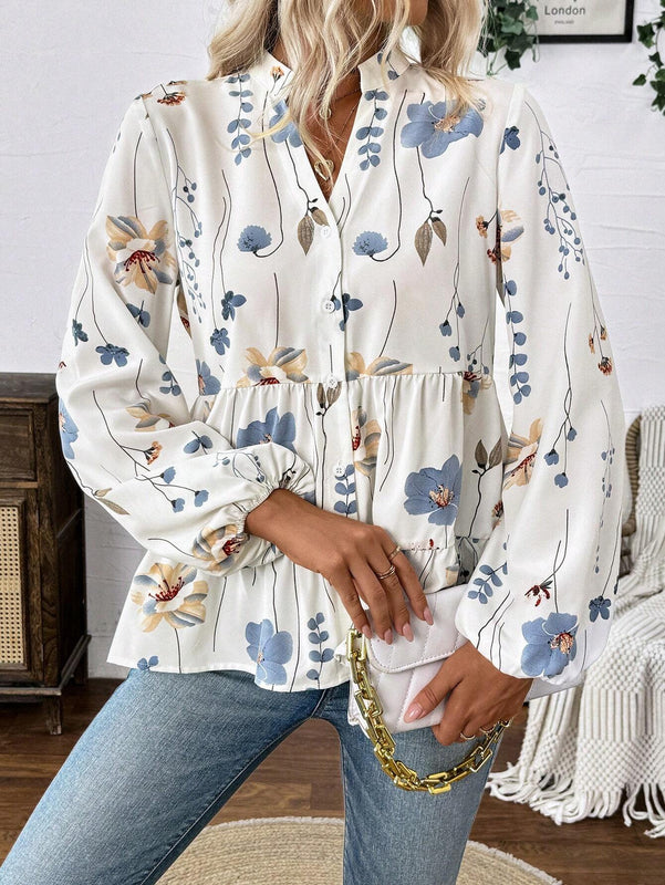 Camisa casual de manga larga para mujer, de botones sencillos y dobladillo con capas impresas
