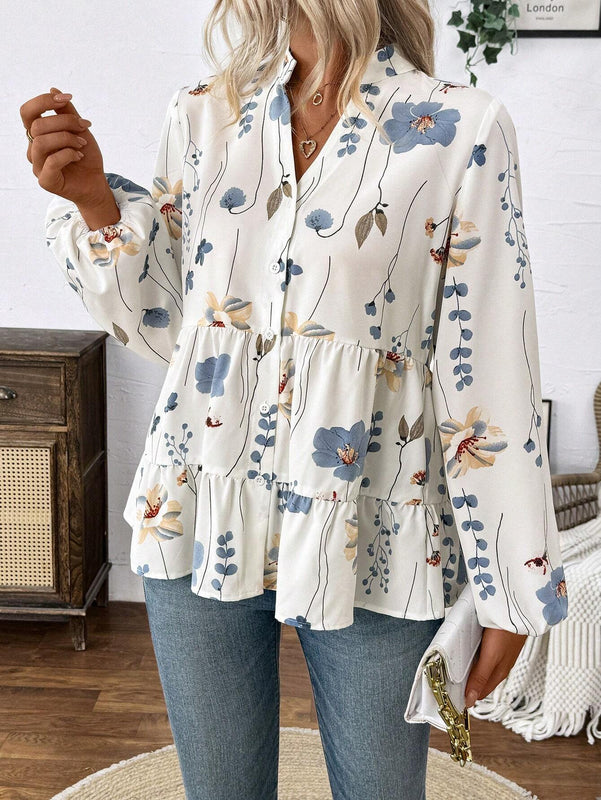 Camisa casual de manga larga para mujer, de botones sencillos y dobladillo con capas impresas