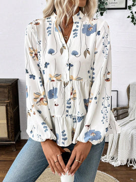 Camisa casual de manga larga para mujer, de botones sencillos y dobladillo con capas impresas
