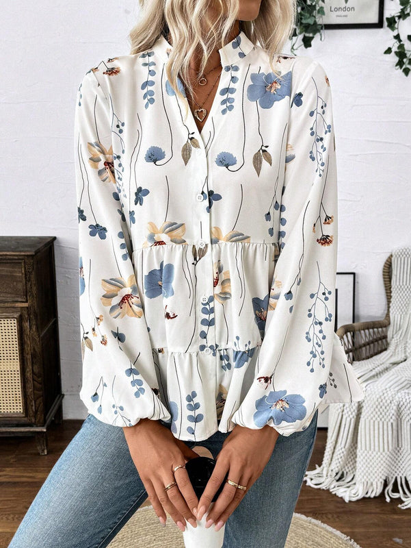 Camisa casual de manga larga para mujer, de botones sencillos y dobladillo con capas impresas